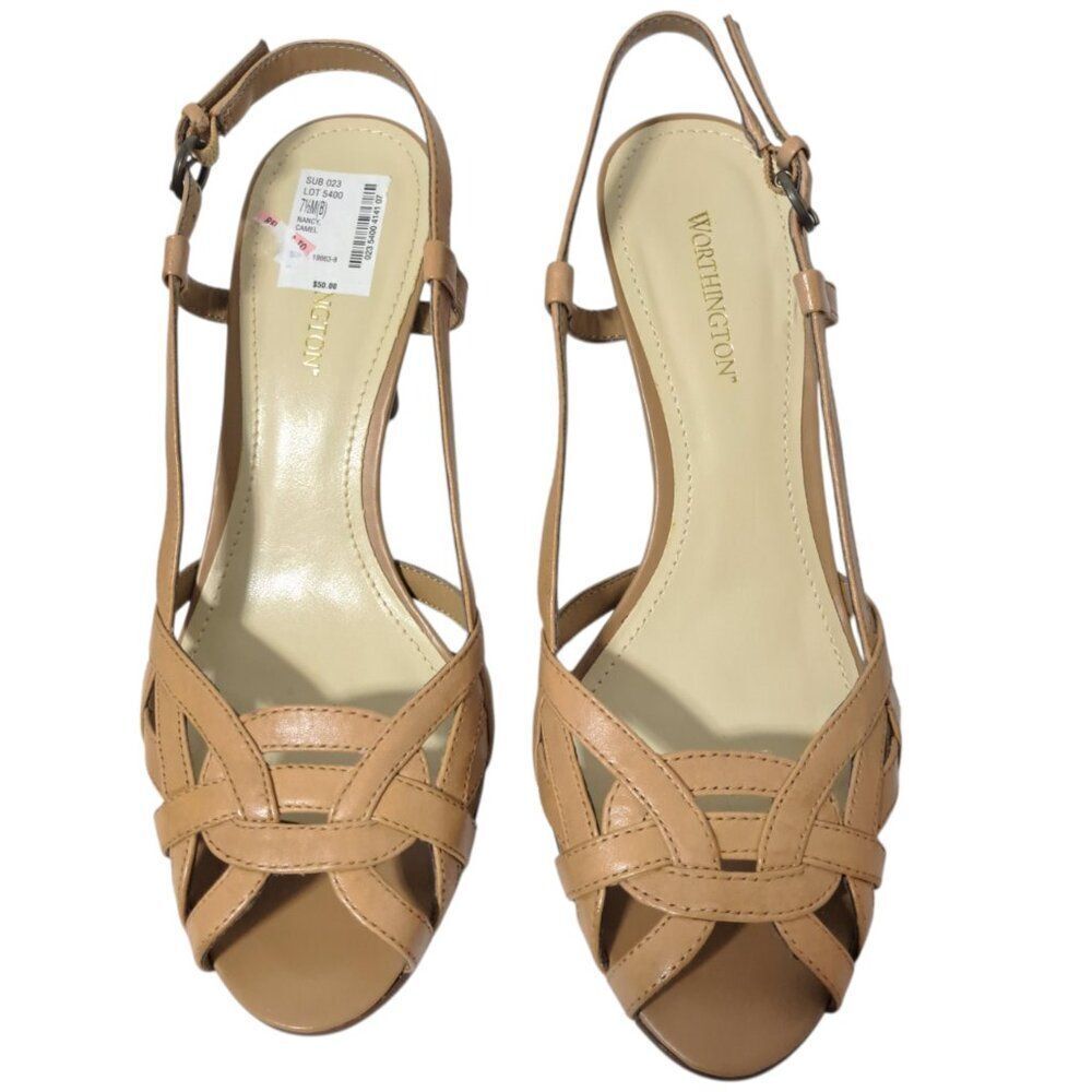 Worthington Women's Tan Slingback Strappy Heels Open Toe Classic Sz 7.5